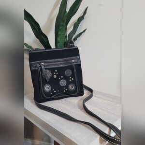 Fossil Crossbody Bag Black Suede Leather Handbag Grommet Stud Purse